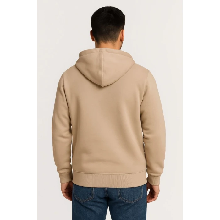 ieg™ Erkek Üç İplik Kapüşonlu Tam Fermuarlı Kanguru Çepli SweatShirt Hoodie - Bej