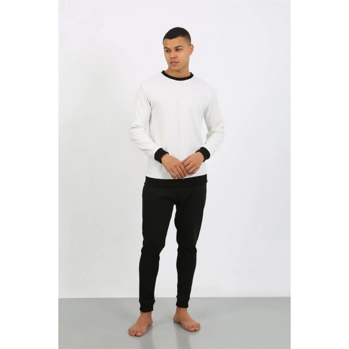 ieg ™ Erkek Uzun Kol Manşetli Paça Penye Pijama Takımı Beyaz