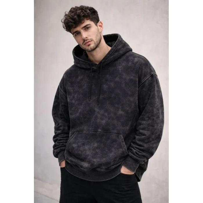ieg™ Erkek Yağ Yıkamalı Kapşonlu Double Oversize Üç İplik Pamuklu Sweatshirt - Siyah