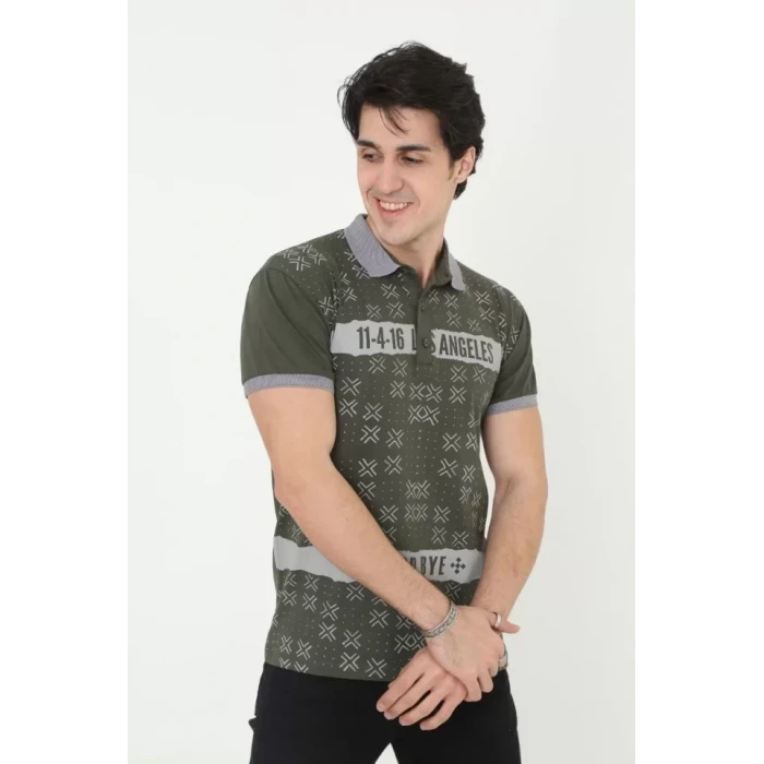 ieg™ Erkek Yakalı Slim Fit Baskılı T-Shirt - Haki