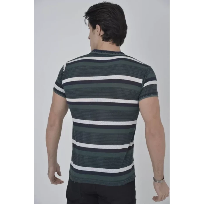 ieg™ Erkek Yakalı Slim Fit Dokuma Çizgili T-Shirt - Haki