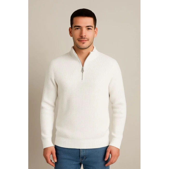 ieg™ Erkek Yarım Fermuarlı Triko Kazak – Selanik Örgü, Dik Yaka, Pamuklu Dokuma, Regular Fit Uzun Kollu Kışlık Model - Beyaz