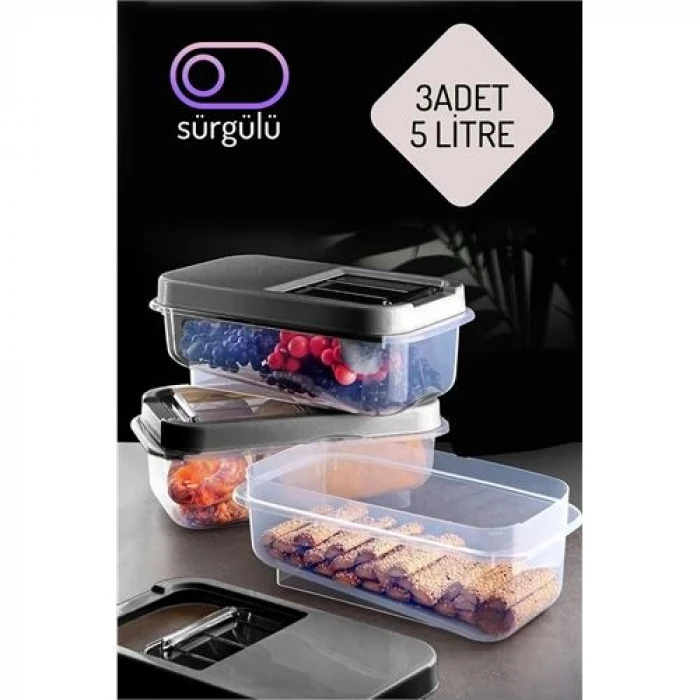 Erzak Bakliyat Saklama Kabı 3 lü Set 5 Lt Antrasit 717743