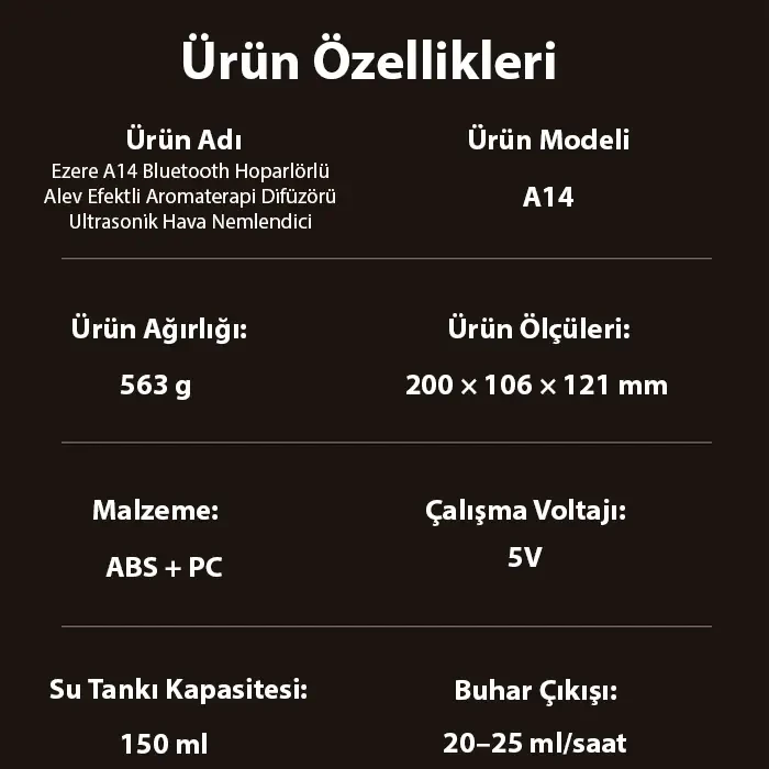 ieg™ Ezere A14 Bluetooth Hoparlörlü Alev Efektli 8 Sesli Renkli Alev Görünümlü Aromaterapi Difüzörü Ultrasonik Hava Nemlendici