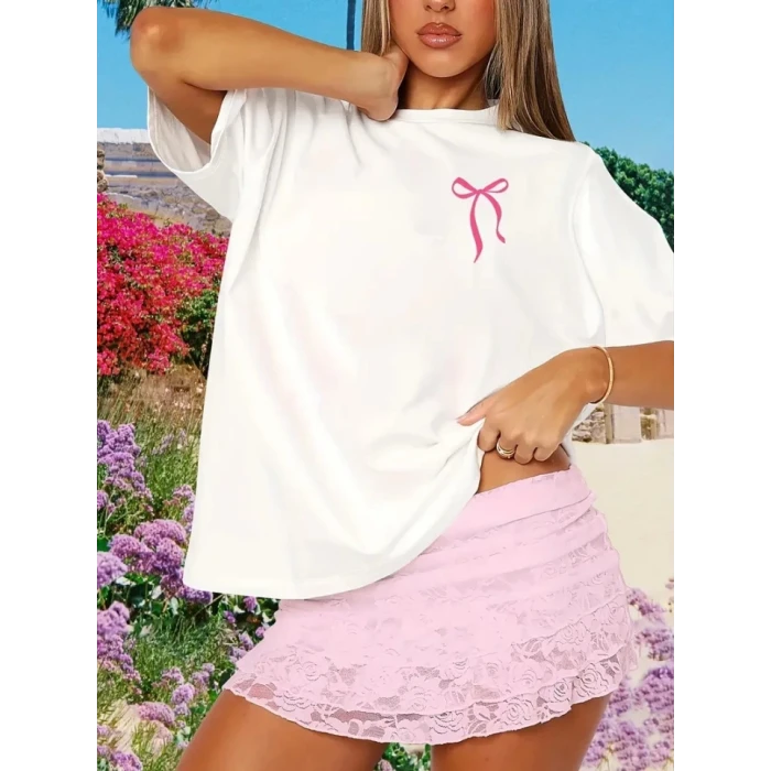 ieg™ Fiyonk Baskılı Oversize Bisiklet Yaka T-shirt - Beyaz