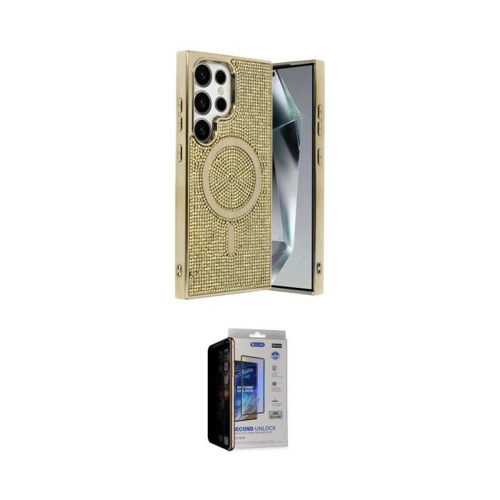 ieg™ Galaxy S23 Ultra Kılıf Eksen Çizgi - Siyah Durable Full Glue Curved Hayalet Cam