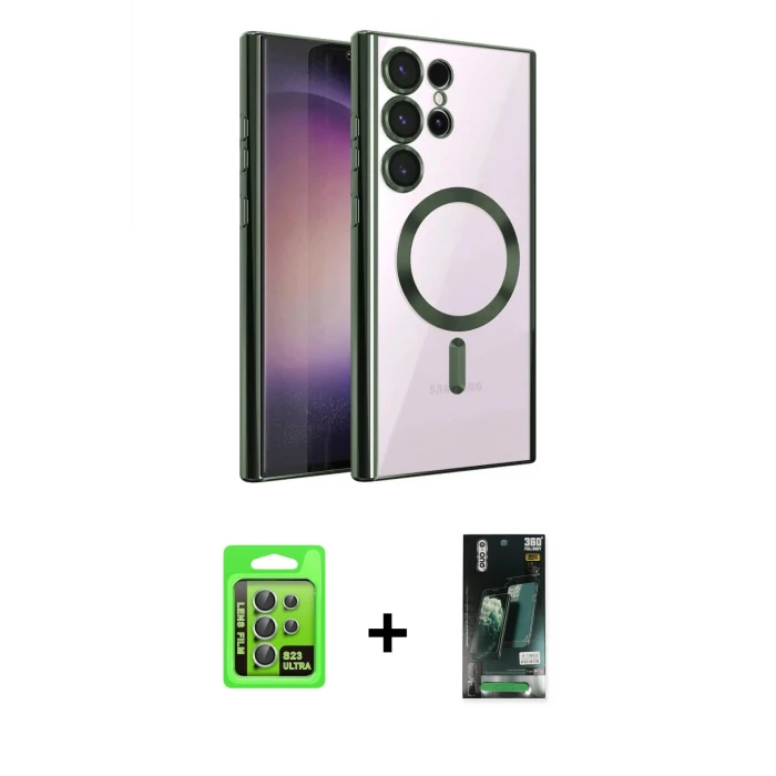 ieg™ Galaxy S23 Ultra Kılıf Nova Işık Özel Seri - Şeffaf 360 Full Body Arka Koruyucu + Raze Metal Kamera Lens - YL