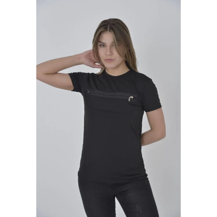 ieg™      Göğüste Fermuar Aksesuarlı Dar Kalıp T-Shirt - Siyah -