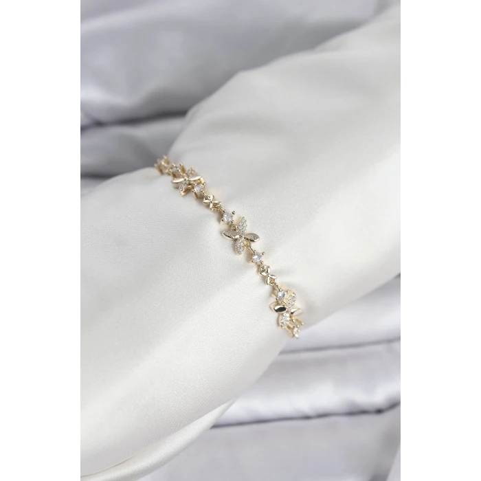 ieg™ Gold Renk Yonca Model Zirkon Taşlı Asansörlü Kadın Bileklik