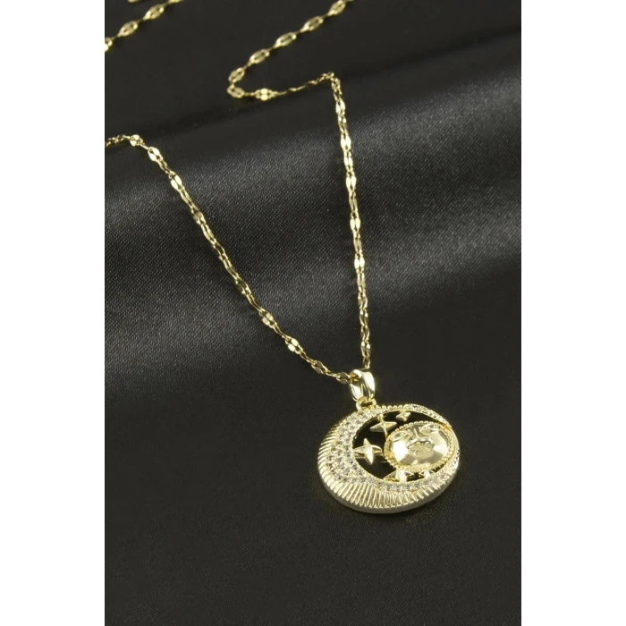 ieg™ Güneş Hilal Zirkon Taşlı Lüks Çelik Kolye