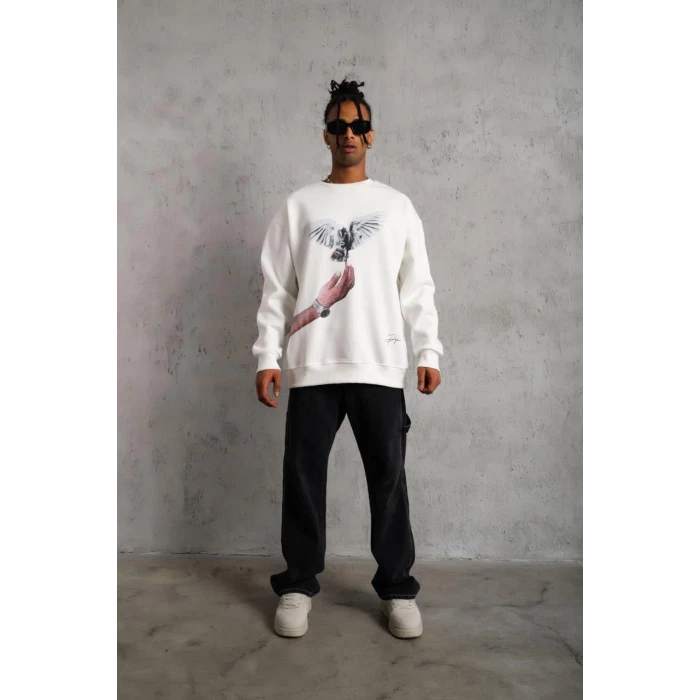 ieg™      Güvercin Baskılı Sweatshirt - Beyaz -