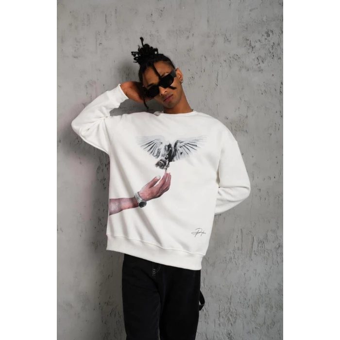 ieg™      Güvercin Baskılı Sweatshirt - Beyaz -