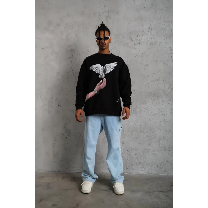 ieg™      Güvercin Baskılı Sweatshirt - Siyah -