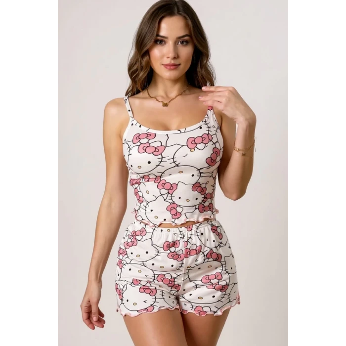 ieg™ Hello Kitty Baskılı Askılı Şortlu Pijama Takımı