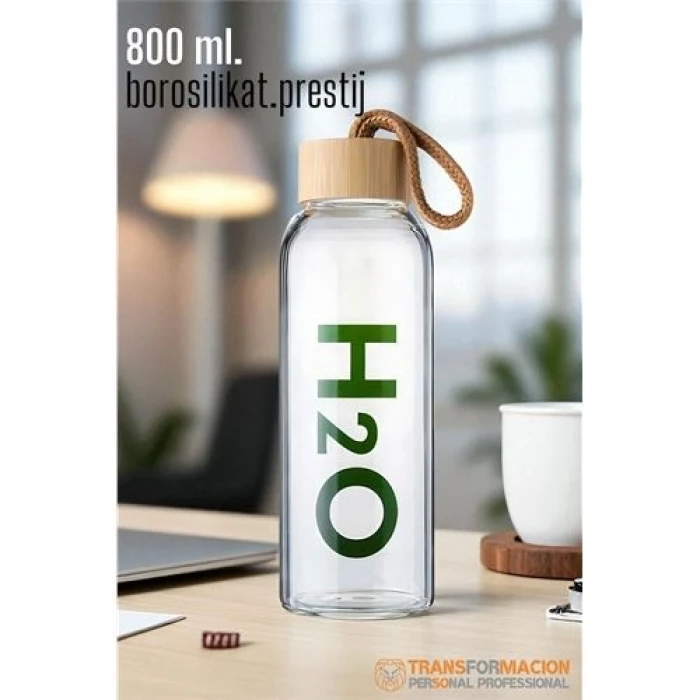 ieg™ Hsnet Cam Matara - 800 Ml Bambu Kapaklı Borosilikat Cam Matara - Ofis Matarası