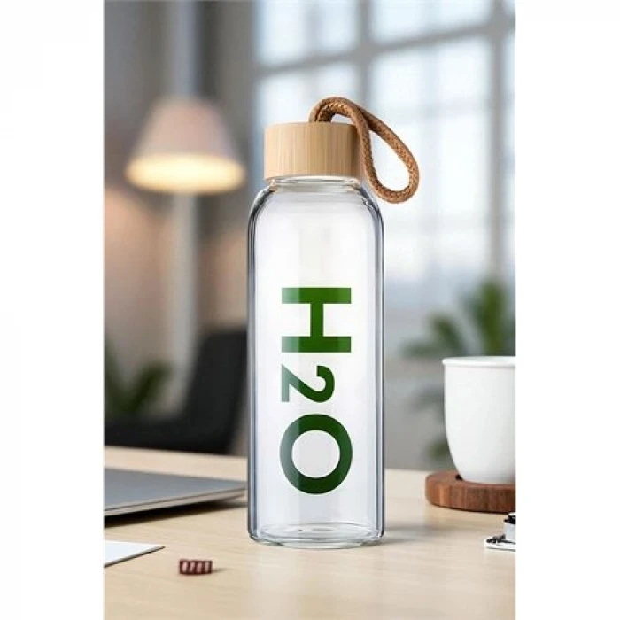 ieg™ Hsnet Cam Matara - 800 Ml Bambu Kapaklı Borosilikat Cam Matara - Ofis Matarası