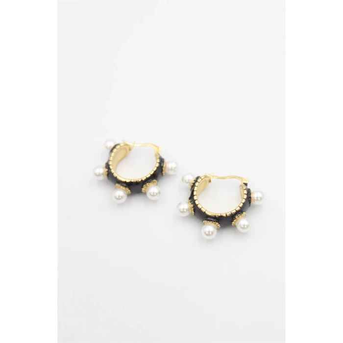 ieg™ İncili Mineli Halka Küpe - Siyah