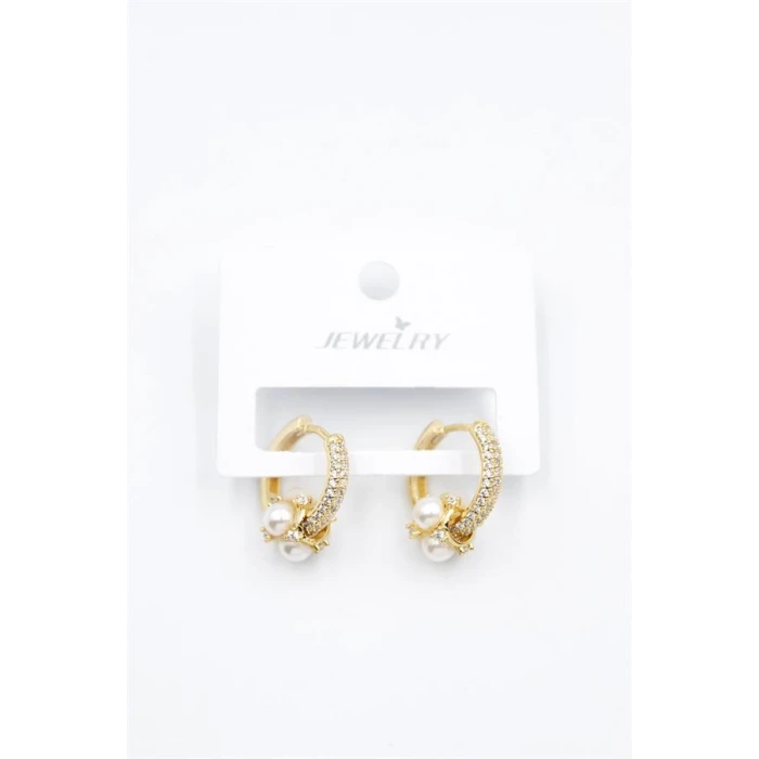 İEG İncili Taşlı Halka Küpe - Altın