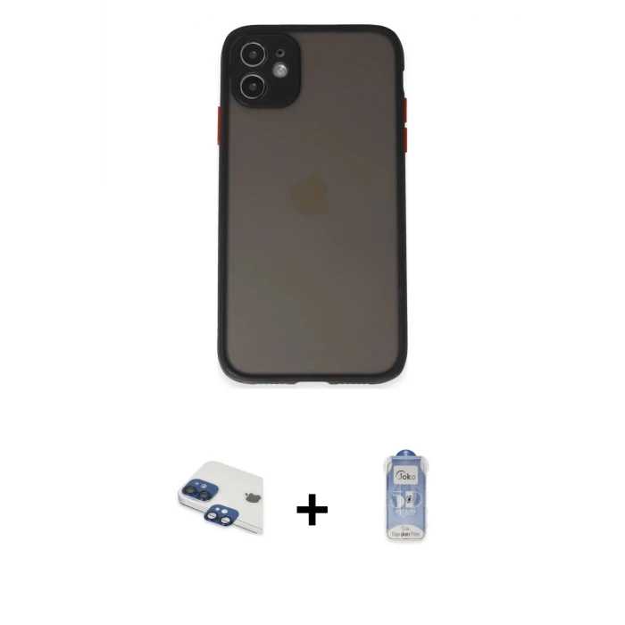 ieg™ iPhone 11 Kılıf Ahenk Çizgi Serisi - Siyah Joko Magic 5D Cam + Pers Alüminyum Kamera Lens - LT