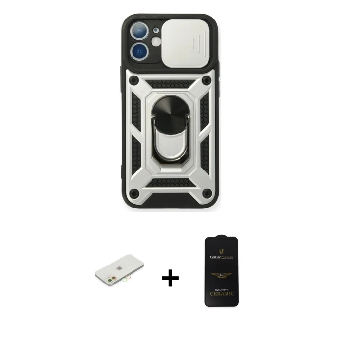 ieg™ iPhone 11 Kılıf Ahenk Klasik - Siyah 6D Antistatik Mat Seramik Hayalet Nano Ekran Koruyucu + Turuncu Renkli Kamera Lens Koruma Cam