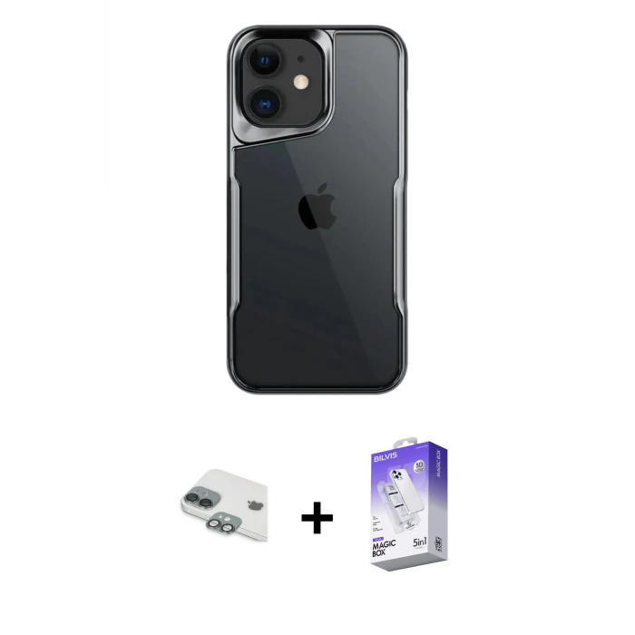 ieg™ iPhone 11 Kılıf Akış Çizgi Koleksiyonu - Siyah Bilvis 5in1 3D Magic Cam Ekran Koruyucu + Pers Alüminyum Kamera Lens - YL
