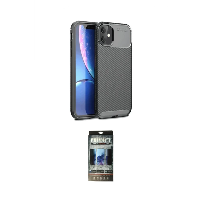ieg™ iPhone 11 Kılıf Eksen Form Prime - Siyah 34D Hayalet Izgaralı Cam