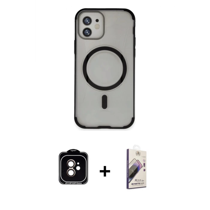ieg™ iPhone 11 Kılıf Eksen Klasik Koleksiyonu - Siyah Bilvis 3D Mat Cam Ekran Koruyucu + PVD Metal Kamera Lens - TU