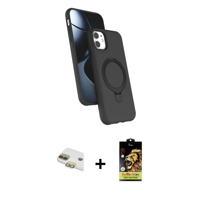 ieg™ iPhone 11 Kılıf İz Işık Koleksiyonu - Siyah Buffer Cam Ekran Koruyucu + Pers Alüminyum Kamera Lens - GD