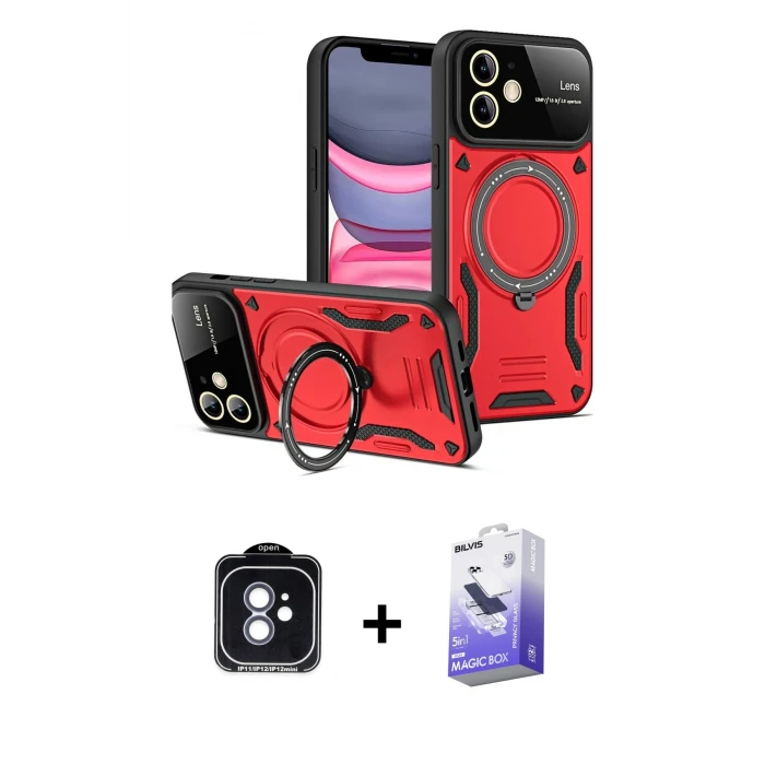 ieg™ iPhone 11 Kılıf Kıvılcım Modern Serisi - Siyah Bilvis 5in1 5D Magic Hayalet Cam Ekran Koruyucu + Mavi PVD Metal Kamera Lens