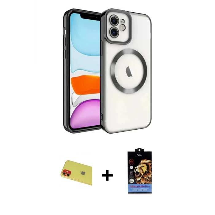 ieg™ iPhone 11 Kılıf Nova Işık Özel Seri - Siyah Buffer Hayalet Cam Ekran Koruyucu + Rainbow Kamera Lens Koruma Cam - KI