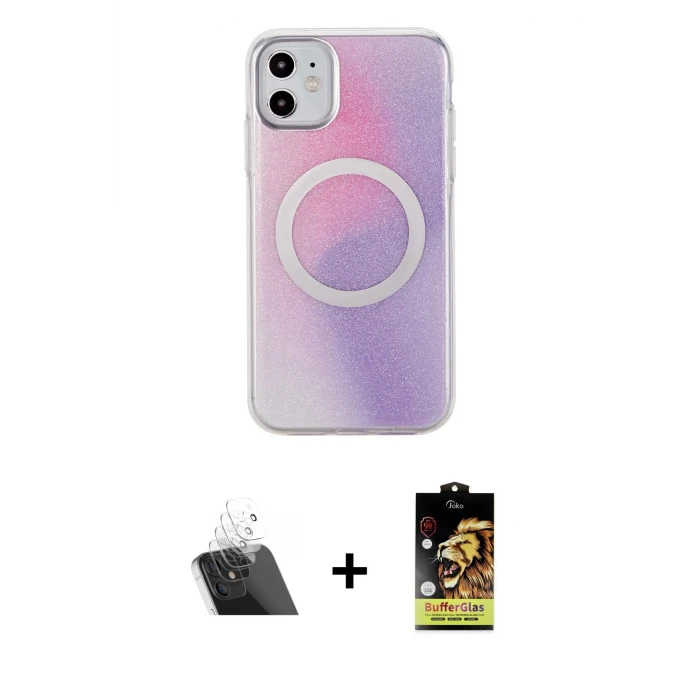 ieg™ iPhone 11 Kılıf Pusula Form - Siyah Buffer Cam Ekran Koruyucu + Kamera Lens Koruma Cam - SF