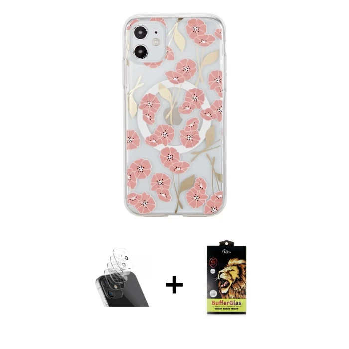 ieg™ iPhone 11 Kılıf Pusula Form - Siyah Buffer Cam Ekran Koruyucu + Kamera Lens Koruma Cam - SF