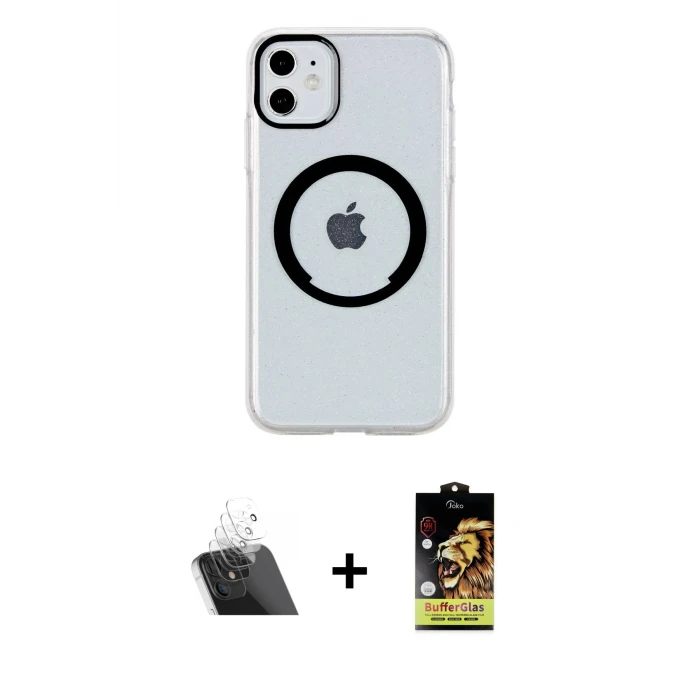 ieg™ iPhone 11 Kılıf Pusula Form - Siyah Buffer Cam Ekran Koruyucu + Kamera Lens Koruma Cam - SF