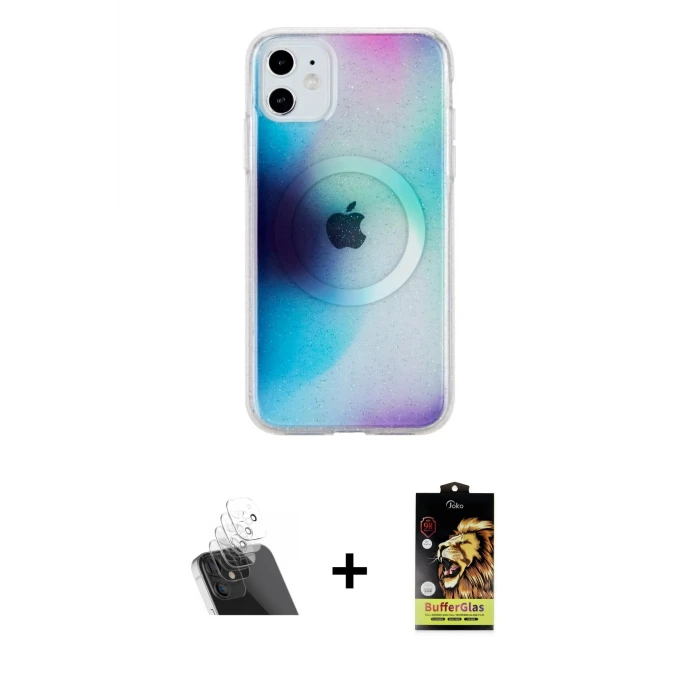 ieg™ iPhone 11 Kılıf Pusula Form - Siyah Buffer Cam Ekran Koruyucu + Kamera Lens Koruma Cam - SF