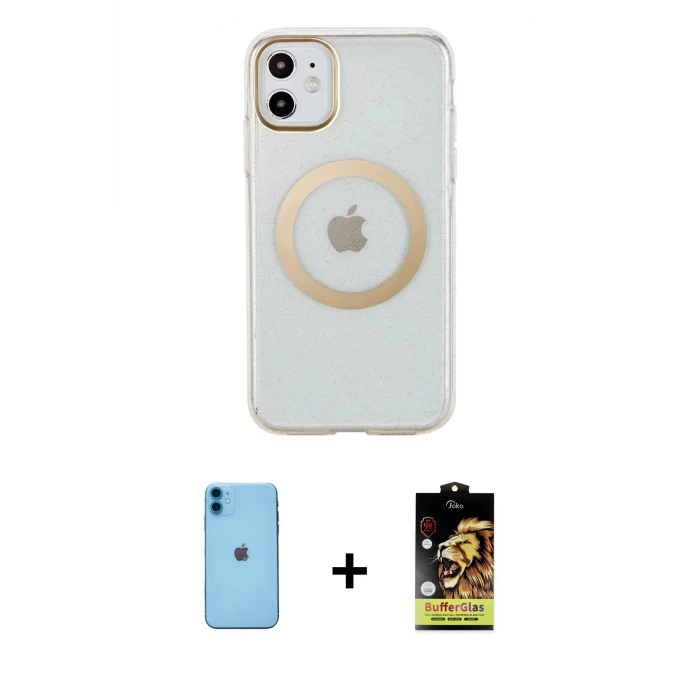 ieg™ iPhone 11 Kılıf Pusula Form - Siyah Buffer Cam Ekran Koruyucu + Neon Fosforlu Kamera Lens - MI