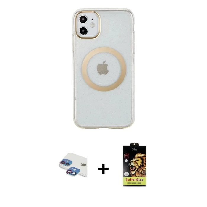 ieg™ iPhone 11 Kılıf Pusula Form - Siyah Buffer Cam Ekran Koruyucu + Pers Alüminyum Kamera Lens - GI