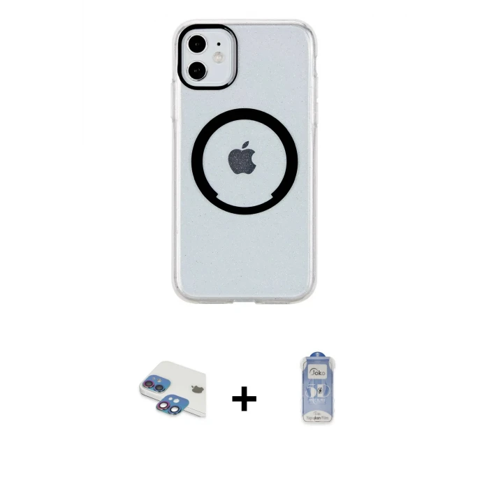 ieg™ iPhone 11 Kılıf Pusula Form - Siyah Joko Magic 5D Cam + Pers Alüminyum Kamera Lens - GI