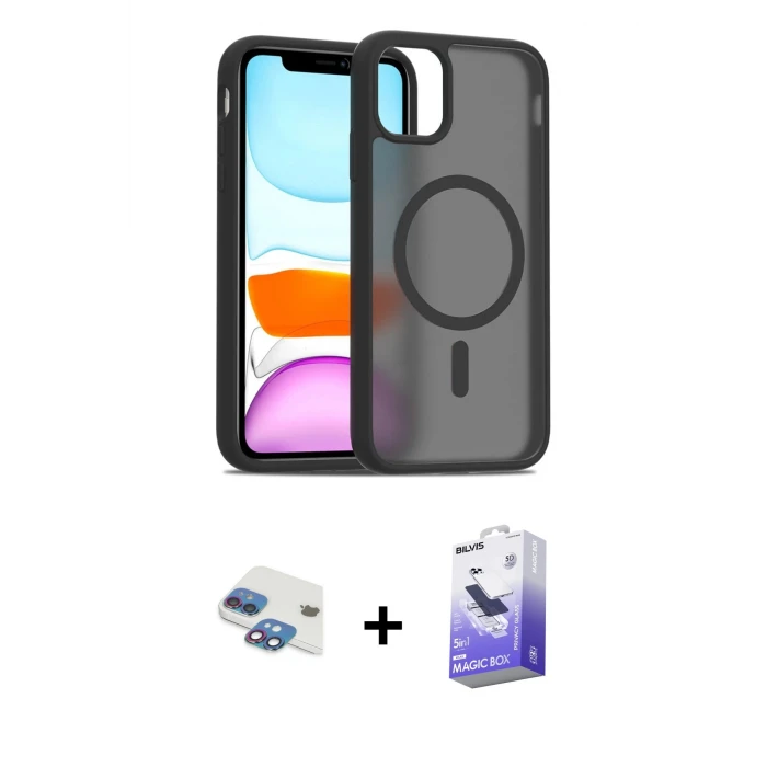 ieg™ iPhone 11 Kılıf Siluet Minimal Prime - Siyah Bilvis 5in1 5D Magic Hayalet Cam Ekran Koruyucu + Pers Alüminyum Kamera Lens - GI