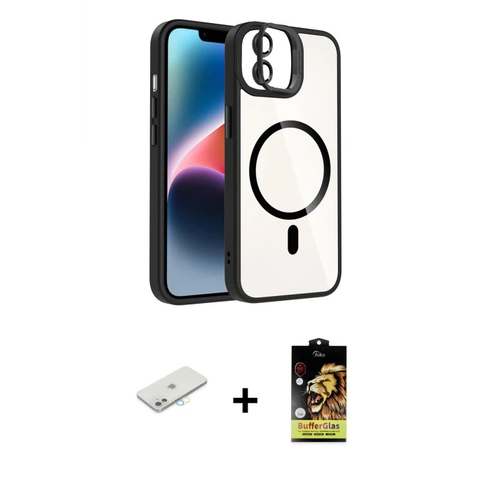 ieg™ iPhone 11 Kılıf Yadigar Asil Koleksiyonu - Siyah Buffer Cam Ekran Koruyucu + Renkli Kamera Lens Koruma Cam - SI