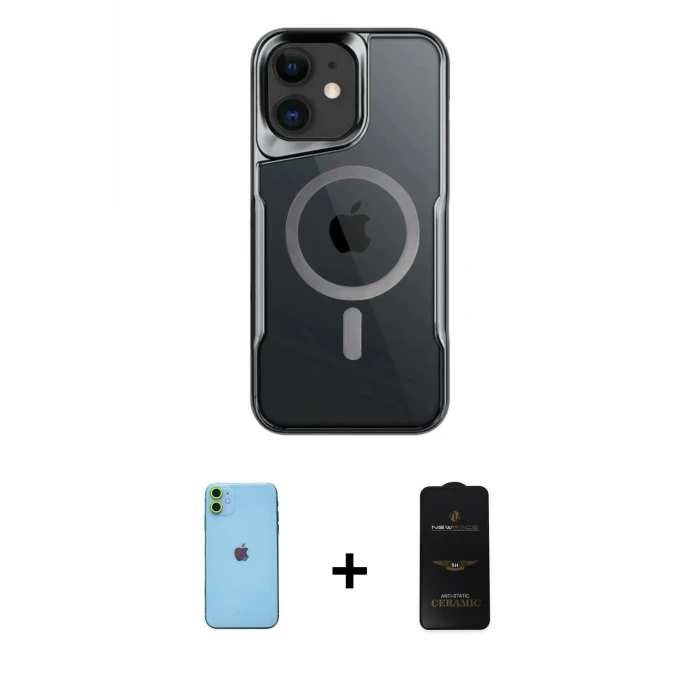 ieg™ iPhone 11 Kılıf Yadigar Klasik Özel Seri - Siyah 6D Antistatik Mat Seramik Hayalet Nano Ekran Koruyucu + Yeşil Neon Fosforlu Kamera Lens