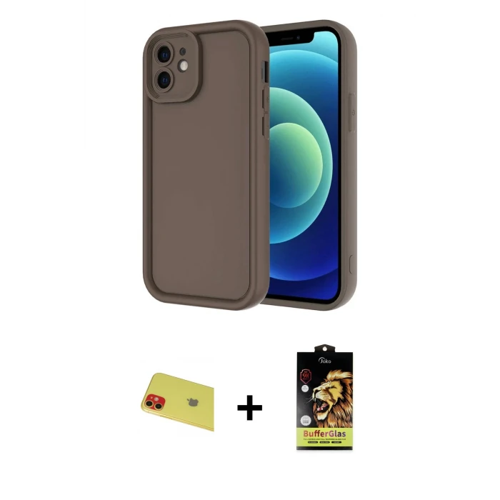 ieg™ iPhone 11 Kılıf Yankı Yansıma Özel Seri - Siyah Buffer Cam Ekran Koruyucu + Rainbow Kamera Lens Koruma Cam - KI