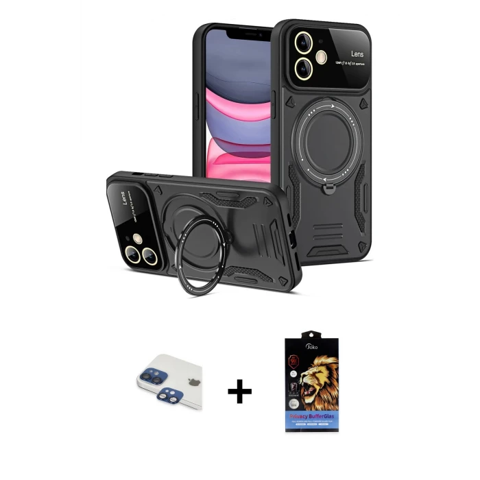 ieg™ iPhone 11 Kıvılcım Modern Serisi - Siyah Buffer Hayalet Cam Ekran Koruyucu + Lacivert Pers Alüminyum Kamera Lens