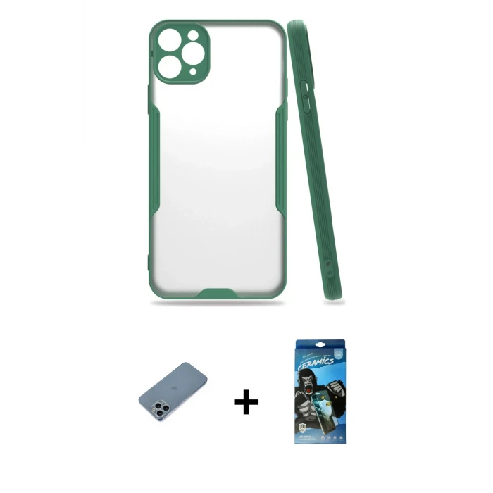 ieg™ iPhone 11 Pro Atlas Asil Serisi - Siyah 34D Izgaralı Cam + Sierra Blue Shine Kamera Lens Koruma Cam