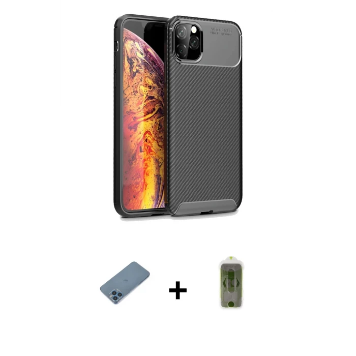 ieg™ iPhone 11 Pro Max Kılıf Eksen Form Prime - Siyah Joko Magic 5D Hayalet Cam + Shine Kamera Lens Koruma Cam - MI