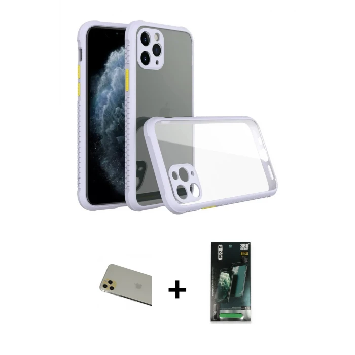 ieg™ iPhone 11 Pro Max Kılıf Nova Asil Özel Seri - Şeffaf 360 Full Body Arka Koruyucu + Rainbow Kamera Lens Koruma Cam - GD