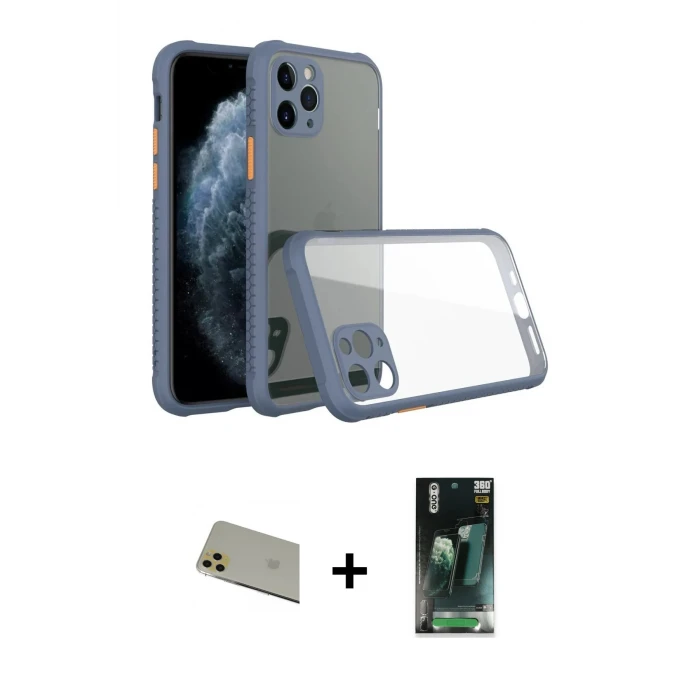ieg™ iPhone 11 Pro Max Kılıf Nova Asil Özel Seri - Şeffaf 360 Full Body Arka Koruyucu + Rainbow Kamera Lens Koruma Cam - GD