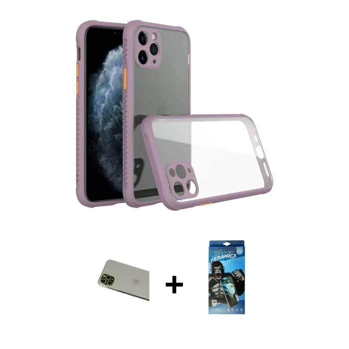ieg™ iPhone 11 Pro Max Kılıf Nova Asil Özel Seri - Siyah 34D Izgaralı Cam + Rainbow Kamera Lens Koruma Cam - YL