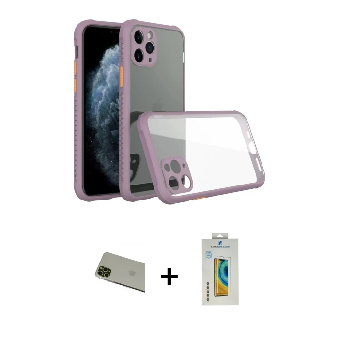 ieg™ iPhone 11 Pro Max Kılıf Nova Asil Özel Seri - Siyah Polymer Nano Ekran Koruyucu + Rainbow Kamera Lens Koruma Cam - YL