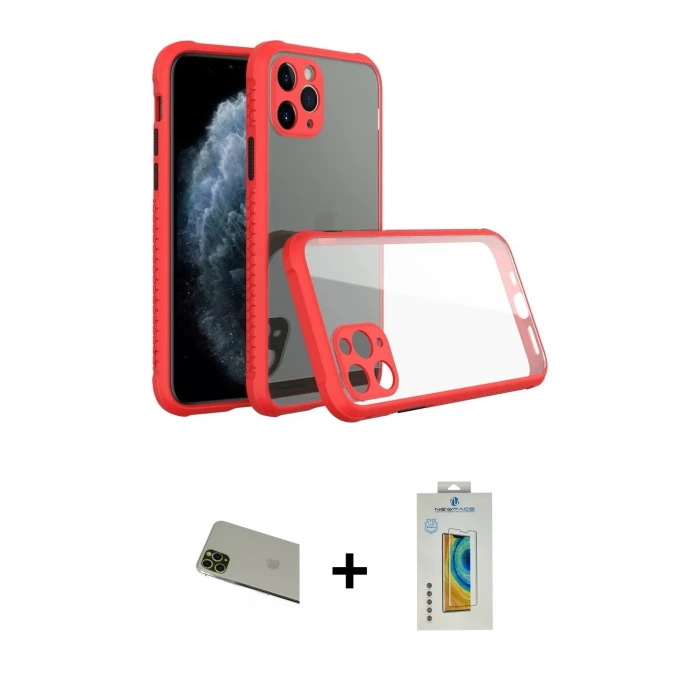 ieg™ iPhone 11 Pro Max Kılıf Nova Asil Özel Seri - Siyah Polymer Nano Ekran Koruyucu + Rainbow Kamera Lens Koruma Cam - YL