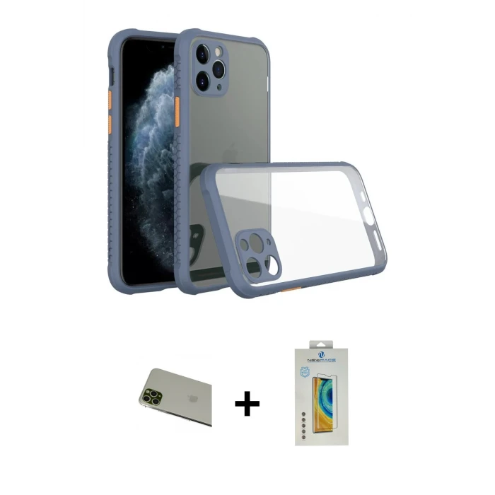 ieg™ iPhone 11 Pro Max Kılıf Nova Asil Özel Seri - Siyah Polymer Nano Ekran Koruyucu + Rainbow Kamera Lens Koruma Cam - YL